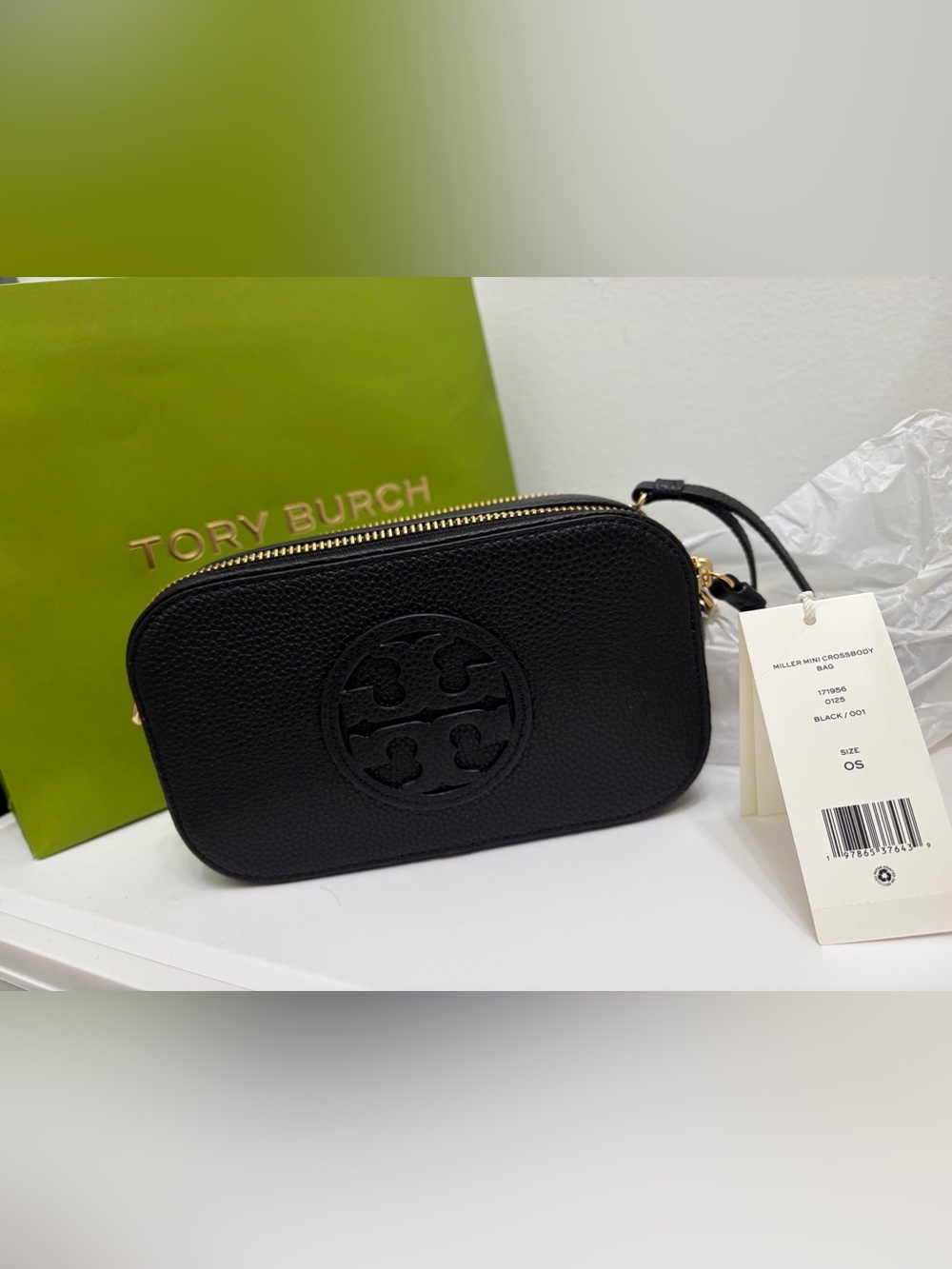Tory Burch Black Pebbled Leather Logo Camera Crossbody